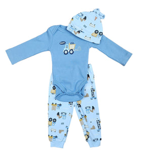 Infant Cotton Outfit Set with Hat - Denim Construction