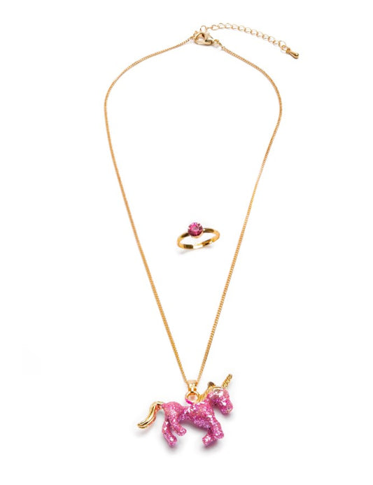 Glitter Pink Unicorn Necklace & Ring Set