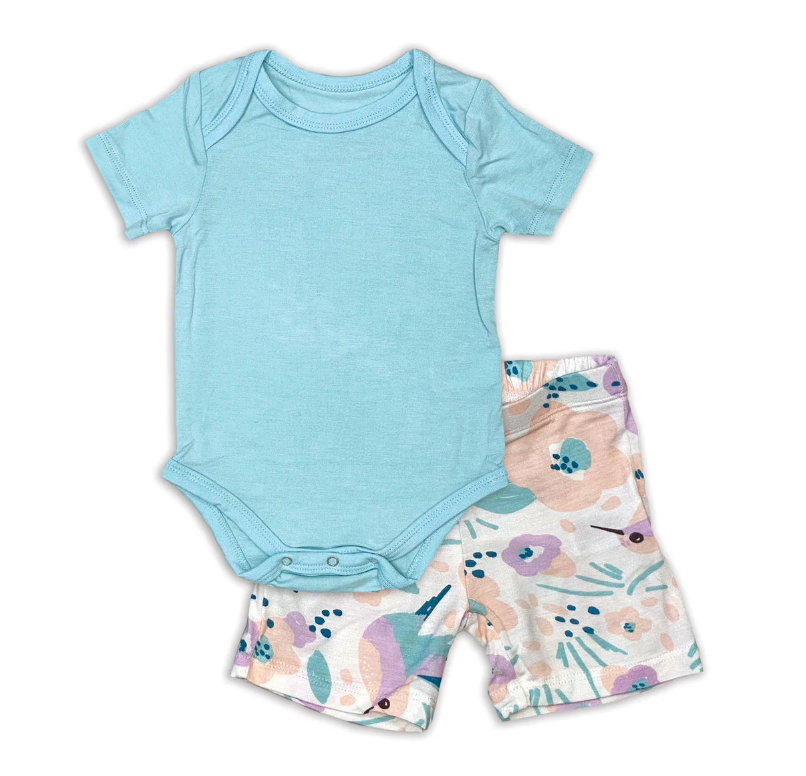 Bamboo Short Sleeve Onesie & Short Set(Cotton Candy/Hummingbird Garden)