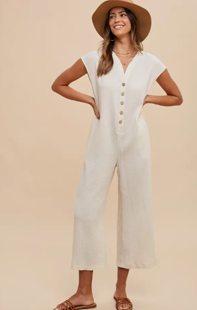 Cotton Gauze Button Down Jumpsuit