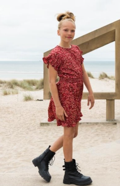 Red Floral Flutter Sleeve Dress